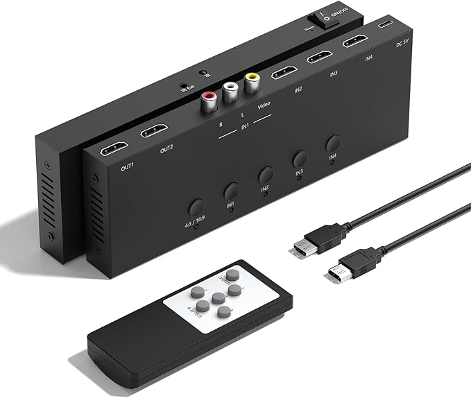 4 in 2 Out RCA/HDMI Switcher，3 Way HDMI 2.0 + 1 RCA Converter，4:3/16:9 & 2 Ports HDMI Output Support 4K and 3D for PS1/2/3/4/5, N64, SNES, Switch, DVD, Roku, etc.