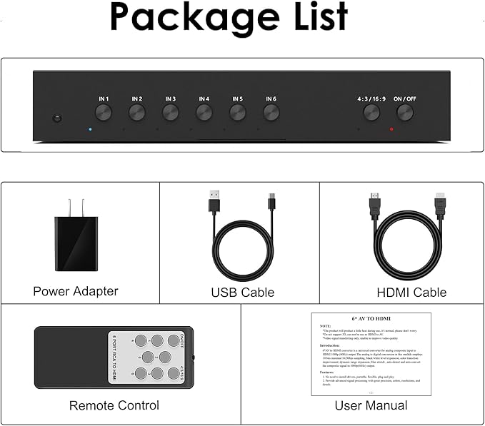 Arector 6 Port RCA to HDMI, 1080P/720P 6 Way AV to HDMI Converter Composite CVBS AV Switch to HDMI Converter Adapter Support 4:3/16:9 Switching, for Sega Xbox PS2 PS3 N64 NGC SNES WII VHS VCR Camera