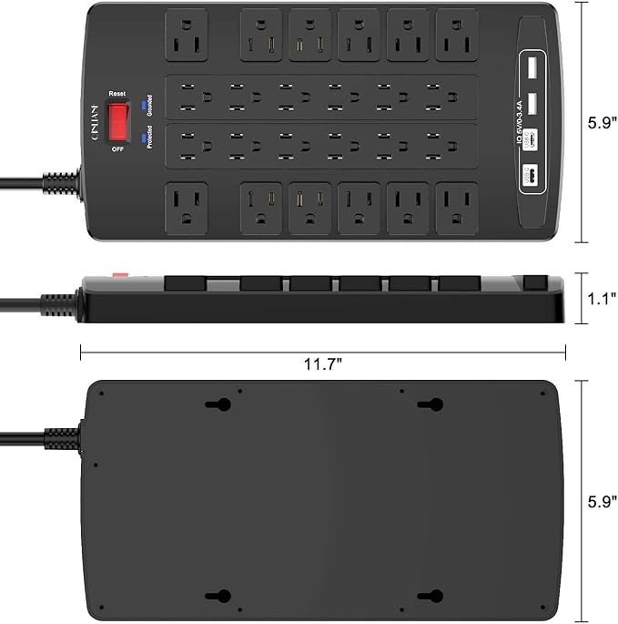 QINLIANF Surge Protector Power Strip - 10Ft Flat Plug Heavy Duty Extension Cord with 24 Outlets and 4 USB Ports(2 USB-C Ports), 1875W/15A, 4100J, for Home, Office, Dorm, ETL Listed, Black