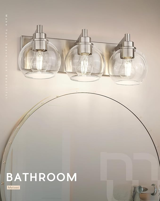 METWET Bathroom Light Fixtures, 3-Light Brushed Nickel Vanity Light, Modern Wall Sconces with Globe Clear Glass Shade, Vanity Lighting Fixtures Over Mirror, VL195-BN-CL-3