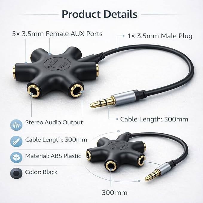 Mizi 5-Way 3.5mm Headphone Splitter - Stereo Audio Adapter with 1 Male to 5 Female Jacks, Gold-Plated Connectors, Compatible with iPhone, iPad, Smartphones, Tablets, MP3 Players - Black