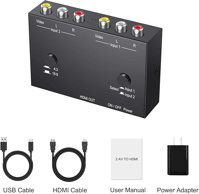 Azduou 2 AV to HDMI, 1080P/720P TV 2 Way RCA Composite CVBS AV Switch to HDMI Video Audio Converter Adapter Support 4:3/16:9 Switching, for Sega Xbox PS2 PS3 N64 NGC SNES WII VHS VCR Camera DVD