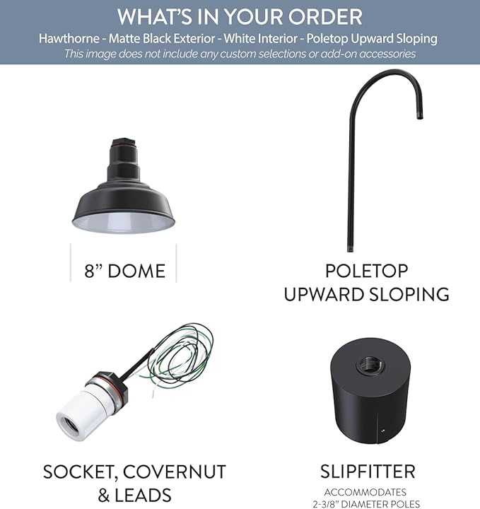 Steel Lighting Co. Hawthorne Light | Outdoor Pole Top Mounted | 8" Dome | Upslope Gooseneck with Slip Fitter for 2-3/8" Standard Poles | Made in America | Matte Black Exterior/White Interior