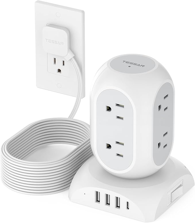 TESSAN Surge Protector Power Strip Tower, Flat Plug Extension Cord 10 Ft with 8 AC Multiple Outlets 4 USB Ports (1 USB C), 1050J Protection Desk Charging Station for Home, Office Supplies, Dorm Room