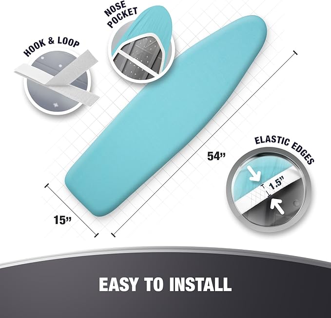 COTTY HOME Extra Thick Ironing Board Covers with Pad Standard Size 15x54, Heat Reflective Full Scorch Resistant Padding, Snug Fit Non-Slip Nose Pocket Fastener Straps Elastic Edges, Turquoise