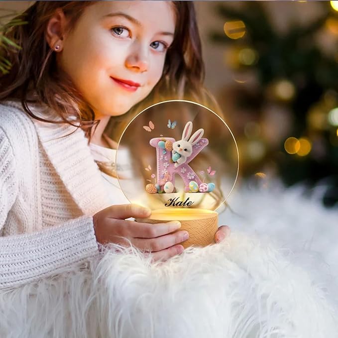idooodle Personalized Pink Bunny Easter Egg 3D Initial LED Night Light with Name & Wooden, Base Room Decor, Birthday Party Easter Gift for Kids