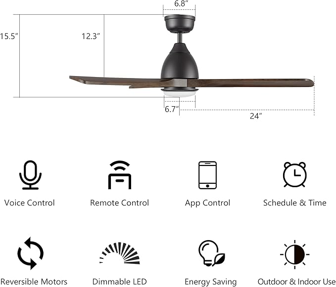 SMAAIR 48" Smart Ceiling Fan with Lights and Remote,Low Profile Modern Ceiling Fan,3 Solid Wood Blades,Works with Siri/Alexa/Google Assistant,10 Speed DC Motor,Dimmable,Indoor Use,Brown Walnut