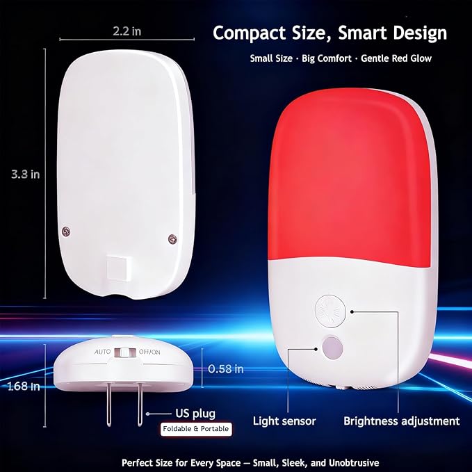 670nm Red Light Night Light for Sleep Therapy, 2 Pack Auto On/Off Dimmable Night Light with Dusk to Dawn Sensor, LED Night Lights Plug into Wall Promote Melatonin Natural Sleep for Baby Kid Adult Room