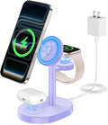 Hevanto 2025 3 in 1 Wireless Charging Station for Apple MagSafe Charger, 15W Fast Magnetic Mag-Safe Charger Stand for iPhone 17 16 15 14 13 12 Apple Watch AirPods Compatible with MagSafe, Purple