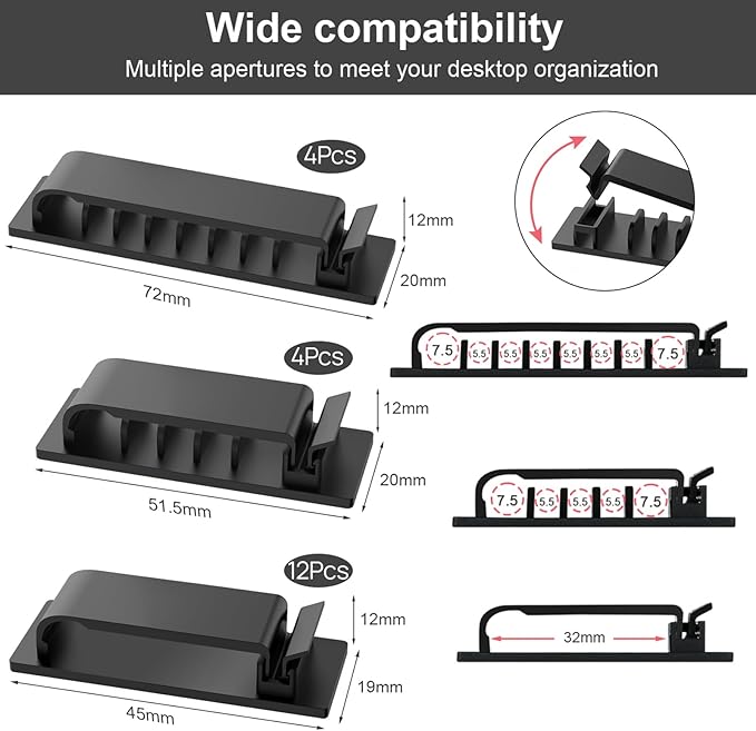 Halsouy Cable Management Clips, 20Pcs Cord Organizers Wire Clips Cord Holder for TV PC Ethernet Cable Desk Home Office (Black)
