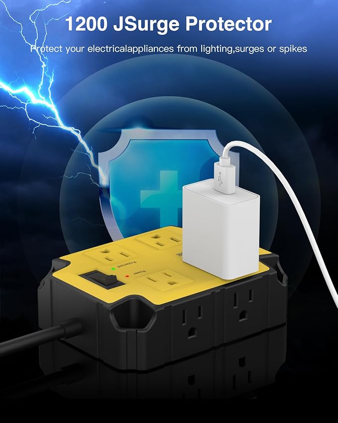 8-Outlets Heavy Duty Power Strip with 4 USB Ports(2 USB-C), Industrial Magnetic Surge Protector Power Strip 15 Amps/1200 Joules, 6.5 Ft Multi-Plug Electric Extension Cord for Workshop Garage (Yellow)