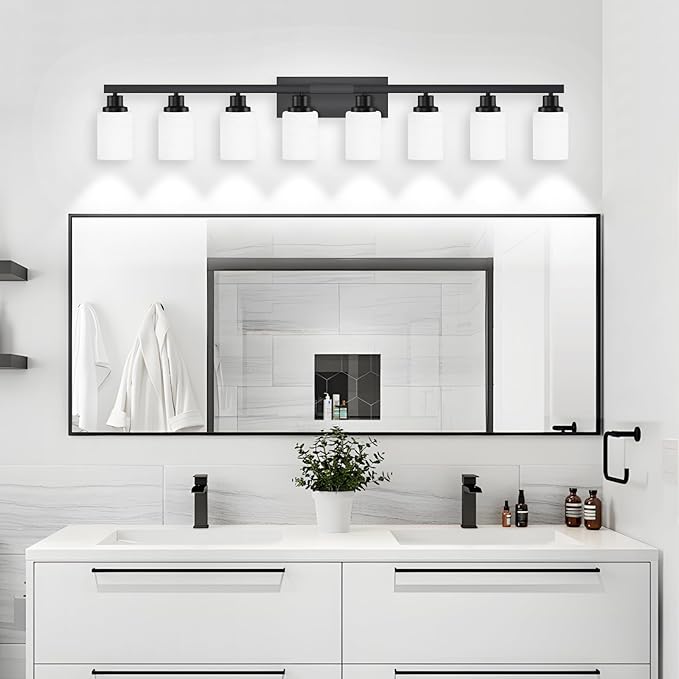 DIKAIDA 8-Light Bathroom Light Fixtures Over Mirror, 52inch Modern Matte Black Vanity Lights with White Frosted Glass Shade, Bathroom Wall Lamp Sconces for Mirror Bedroom, Living Room Hallway