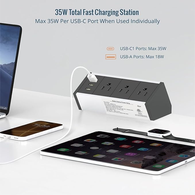 Tecmojo Desk Clamp Power Strip 3 Outlet with 1 USB A and 2 USB C Ports, 6 ft Cord, Desk Outlet Station Fit 1.6" Tabletop Edge,ETL Listed,Black