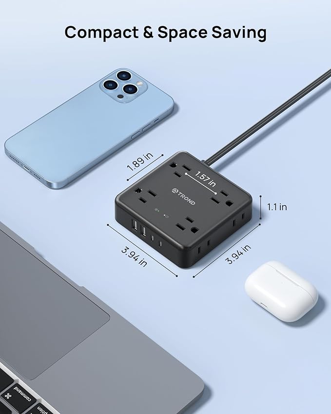 TROND 360° Rotating Flat Plug Power Strip, 5FT Flat Extension Cord with Multiple Outlets 4 USB (2 USB C), Wall Mount Surge Protector 1440 Joules for Home Office Travel Dorm Room Essentials, Black