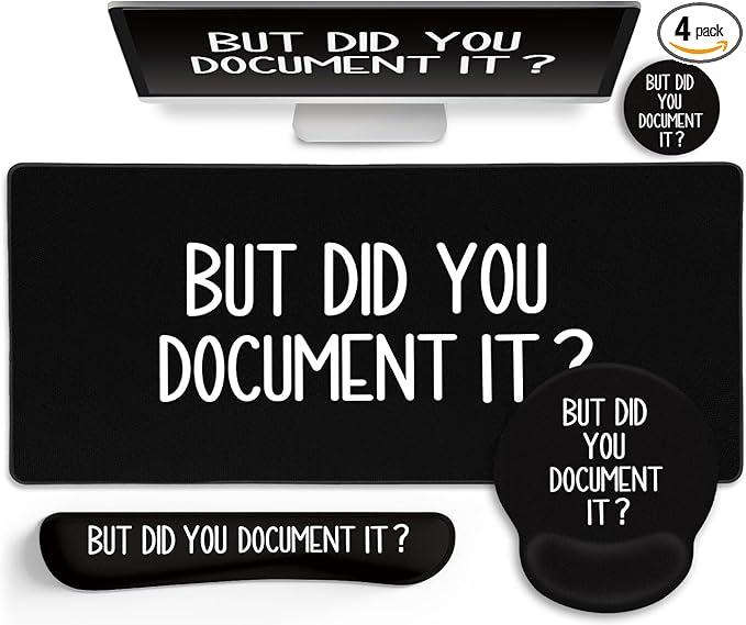 LIMKRIAN Black Mouse Pad Large Desk Mat Set, Funny Mouse Pad with Wrist Rest Keyboard Wrist Support XXL Mousepad Cup Coaster Set, Cute Office Desk Accessories Decor Supplies But Did You Document It