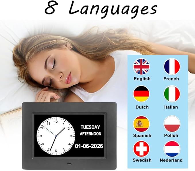 Jaihonda Dementia Clocks for Seniors,7 Inch Clock with Day and Date for Elderly,12 Alarms Option,Auto Dimmable,Large Display Digital Clock with Large Number