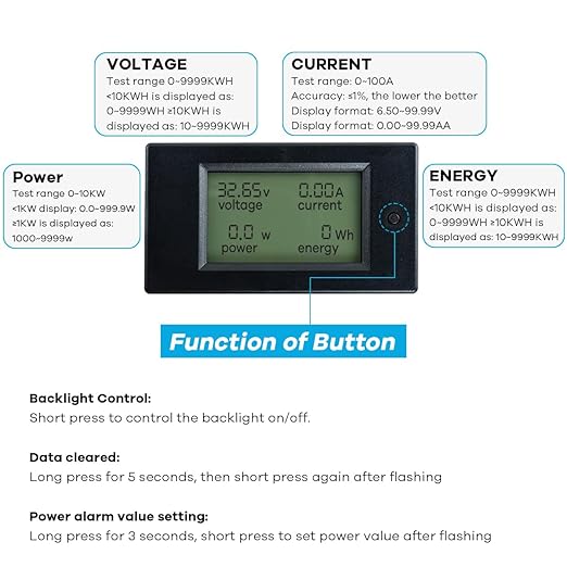 Hosyond DC 6.5-100V 0-100A LCD Display Digital Power Monitoring Meter Voltage Current Power Energy Meter Ammeter Voltmeter Multimeter with 100A Current Shunt