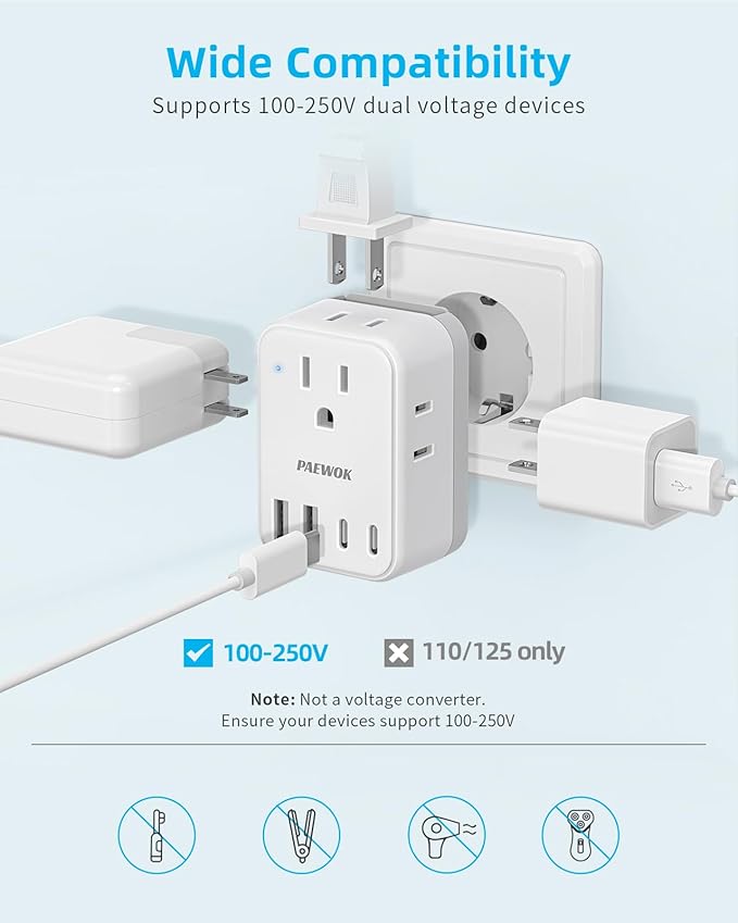 PAEWOK European Travel Plug Adapter Set, 8-in-1 Travel Adapter with 4 AC, 4 USB Ports (2 USB C), US to EU/UK Universal Adapter, International Power Adapter with Type C/G/A/I/D/M Detachable Plugs