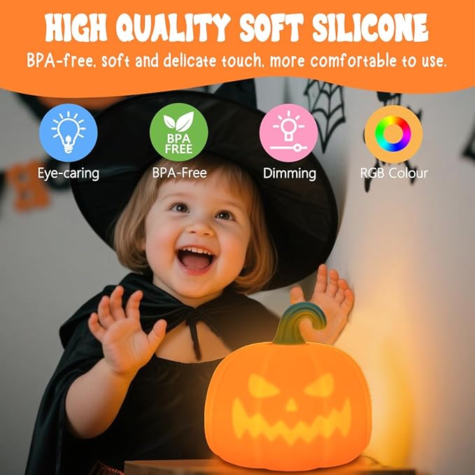 LEDHOLYT Night Light for Kids, Cute Silicone Nursery Pumpkin Lamp for Baby and Toddler, Halloween NightLight for Boys and Girls,Squishy Kawaii Bedside Lamp for Kids Room