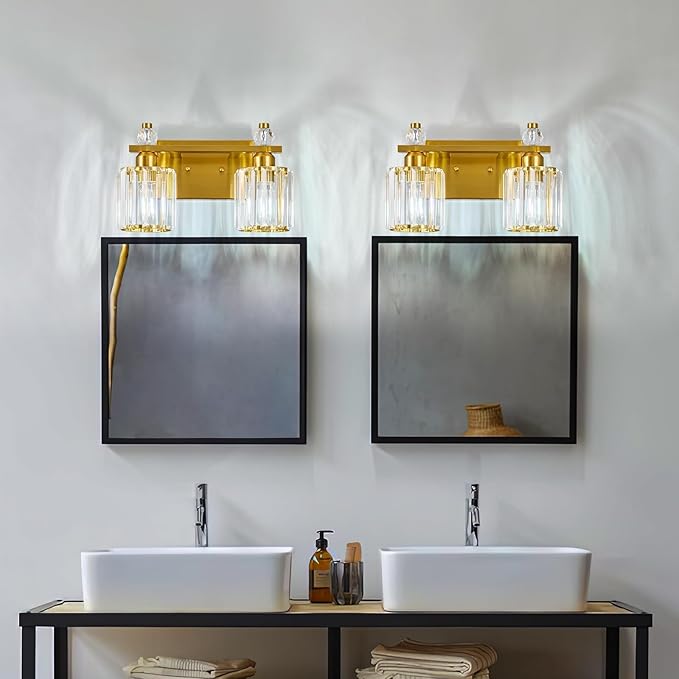 FDPBY Bathroom Vanity Lights 2-Light Gold Modern Crystal Vanity Light Fixtures Over Mirror Crystal Bathroom Vanity Lighting Fixtures
