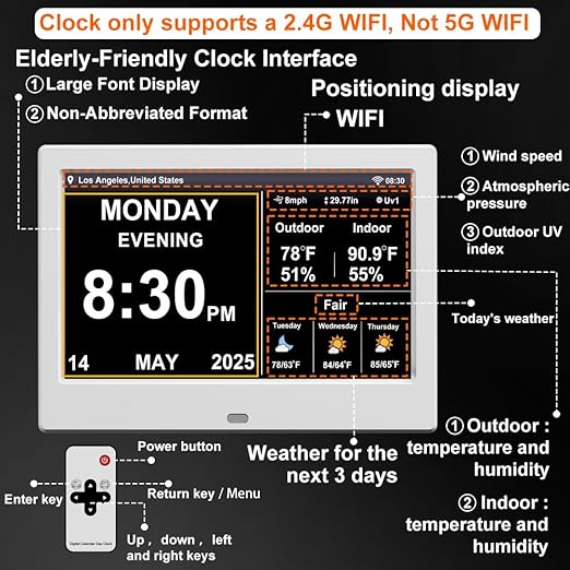 FEYBYLA 2025 New Digital Clock with Temperature/Humidity & Weather Forecast, Auto Time Sync Large Display, Custom Alarms & Medication Reminders, Ideal for Elderly(White, 7-Inch)