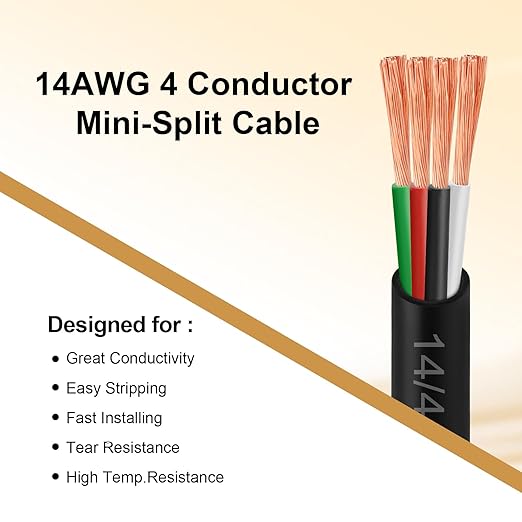 MOOKEERF 14/4 AWG Mini-Split Cable - 250FT 14 AWG 4 Conductor Control Cable 300V Stranded Oxygen-Free Pure Copper Wire for Mini Split Air Conditioner,Heat Pump,HVAC Systems and Speaker Systems