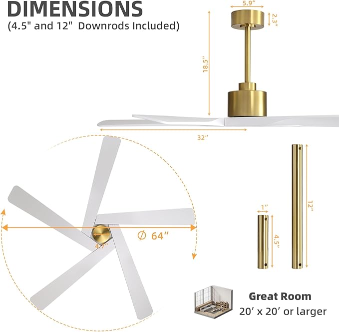 WINGBO 64" ABS DC Ceiling Fan No Light, 5 Blade ABS Plastic Ceiling Fan with Remote, 6-Speed Reversible DC Motor, Ceiling Fans without Light for Kitchen Bedroom Living Room, Brass and White