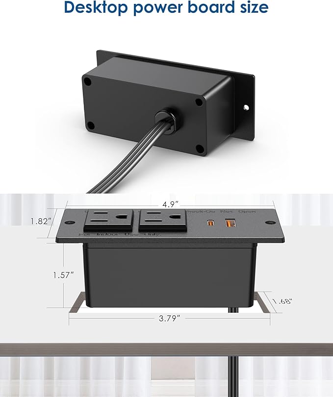 Recessed Power Strip USB C PD 30W Fast Charging,Flush Mount Desk Recessed Outlet,Space-Saver for Furniture Side Table,2 USB Ports,2 AC Outlets,6ft Cord,Ultra Thin Flat Plug