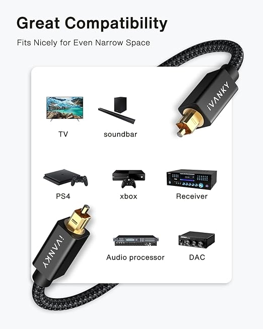 IVANKY Optical Audio Cable 10ft/3M, Nylon Braided, 24K Gold-Plated, Slim Metal Case, CL3 Rated, S/PDIF Digital Audio Fiber Optic Cable for Home Theater, Sound Bar, TV, PS4, Xbox, Samsung, Vizio