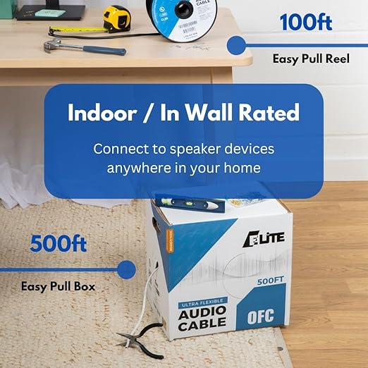 Elite 16/2 Speaker Wire 100ft, UL Listed, CMR/CL3R, (Riser/in-Wall & Outdoor/In-Ground (Direct Burial)- 100% Oxygen Free Pure Bare Copper (OFC), 16AWG/2-Conductor, 100ft Bulk Cable (65 Strands) White