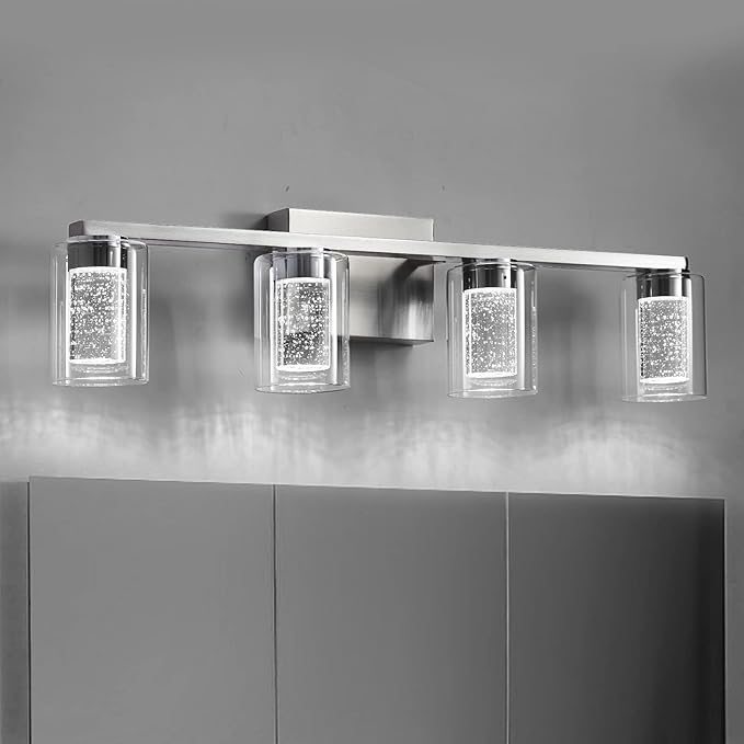 SADENICEL 4-Light Bathroom Light Fixtures, Brushed Nickel, Dimmable LED White/Neutral/Warm Crystal Bathroom Vanity Lights Over Mirror, for Bedroom,Living Room