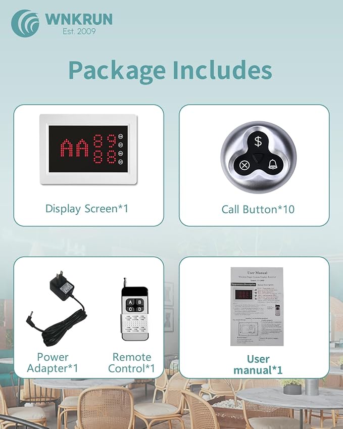 Wireless Calling System Call Waiter Restaurant Pager System with 1 Number Display and 10 3-Key Waterproof Call Buttons for Restaurant Bar Cafe Customer Service
