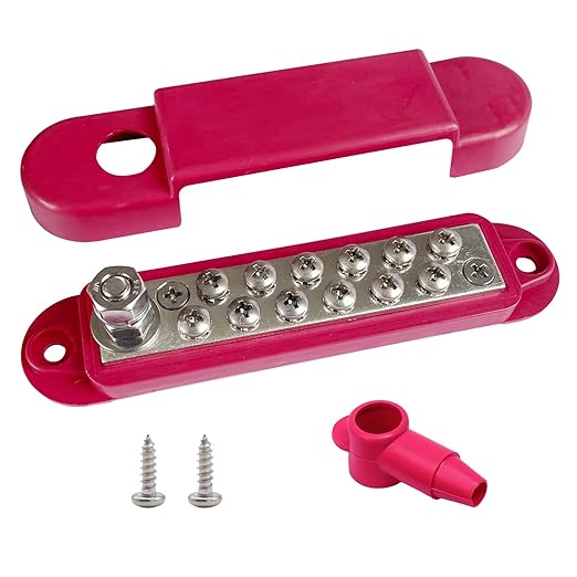 1/4" Stud Power Distribution Block Bus Bar with 12 x #8 Screws, Ampper 5.3" 12V 150A Marine BusBar Battery Distribution Block W/Cover for Car Audio Boat Solar (Red)