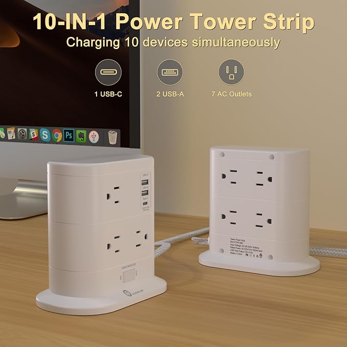 Overtop Tower Power Strip with Surge Protection, Nightlight Flat Plug Power Strip with 7 AC Outlets 3 USB Ports, 1625W/13A 1600J, 6.5Ft Extension Cord with Multiple Outlets, Office Supplies, Dorm