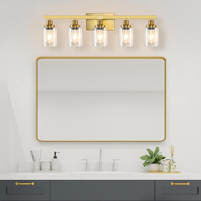 DIKAIDA 5 Light Gold Bathroom Vanity Light, Bathroom Light Fixtures, 31" Modern Brushed Gold Vanity Lighting Fixtures for Bathroom Over Mirror, Gold Sconces Wall Lighting for Bedroom