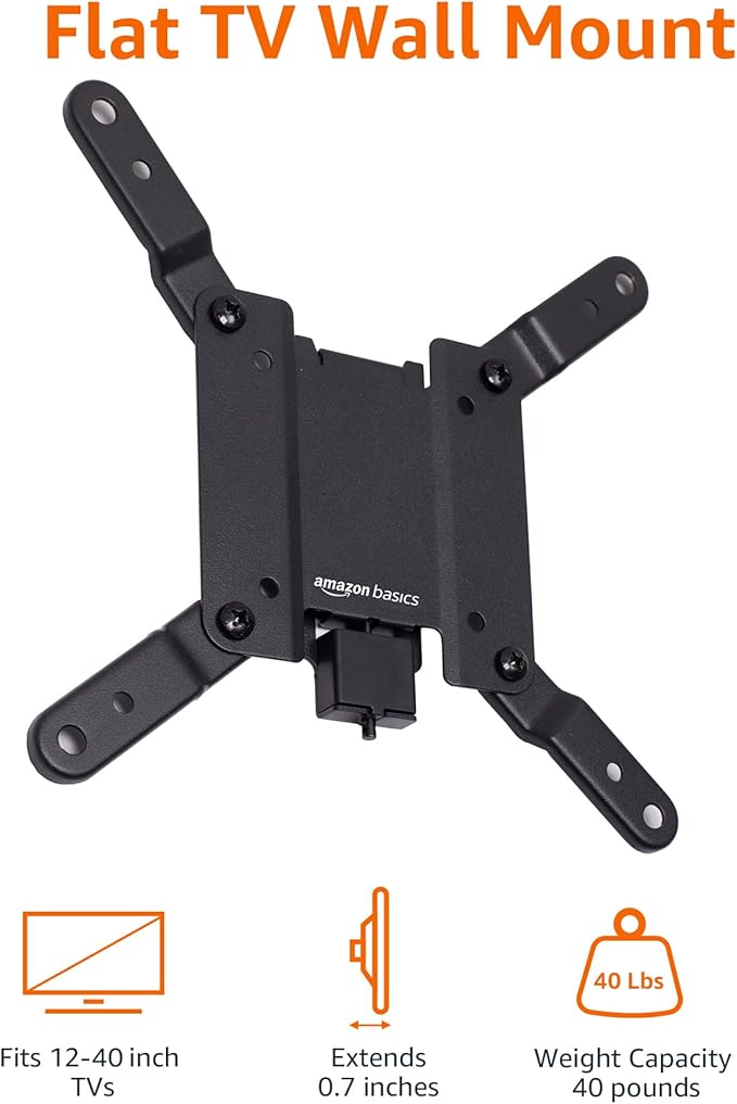 Amazon Basics Fixed Flat TV Wall Mount fits 12 to 40 inch TVs and VESA 200x200, Black