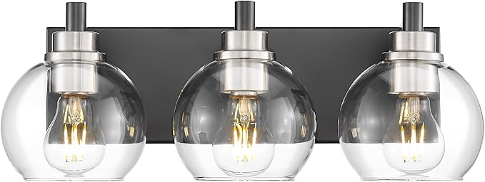 METWET Bathroom Light Fixtures, 3-Light Black and Brushed Nickel Bathroom Vanity Light, Modern Wall Sconces with Globe Clear Glass Shade, Vanity Lighting Fixtures Over Mirror, VL195-KN-3