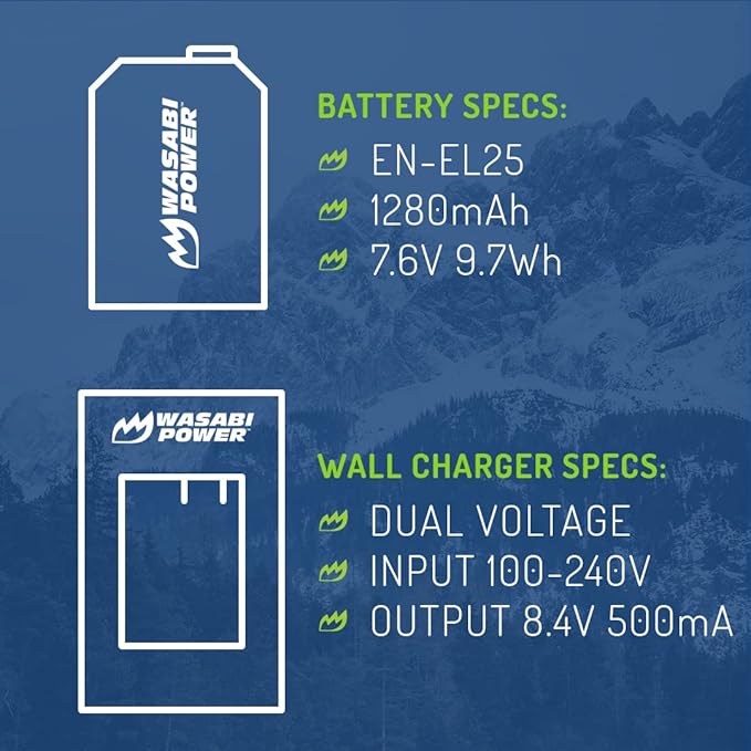 Wasabi Power Battery (2-Pack) and Charger Replacement for Nikon EN-EL25, EN-EL25a, 4241, MH-32 Compatible with Nikon Z30, Z50, Z50 II, Zfc