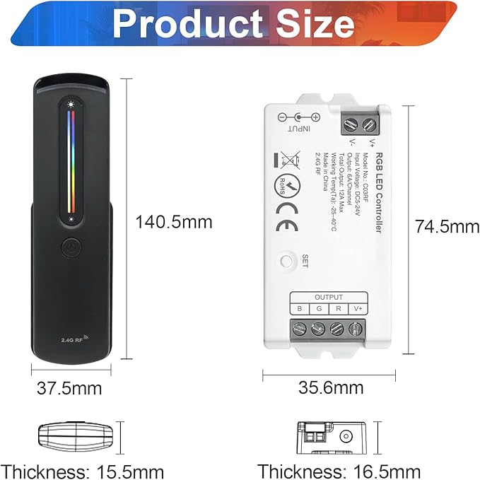 2.4GHz RF RGB LED Strip Controller Remote Kit, Wireless Remote & Tuya Controller Dimmer with Group Control Adjust Brightness/Color Touch Slide for PWM 4Pin COB LED Strip Light DC5V DC12V DC24V