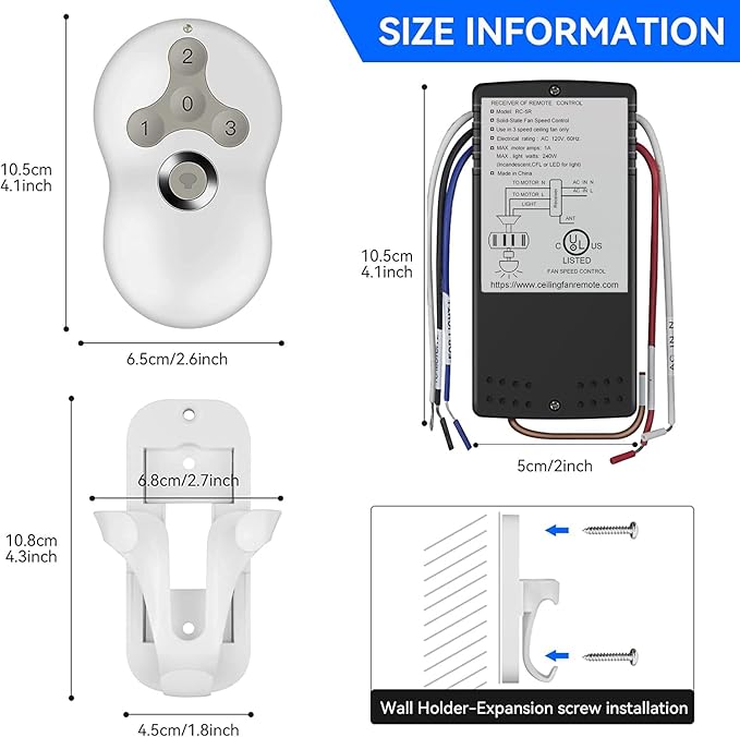 Universal Ceiling Fan Remote Control Kit, 3-Speed Fan and Dimmer Light Control, Easy DIY Install, Replacement for Hunter Hampton Bay Harbor Breeze Litex and More Brands (Models 99122, 99123, 99600)