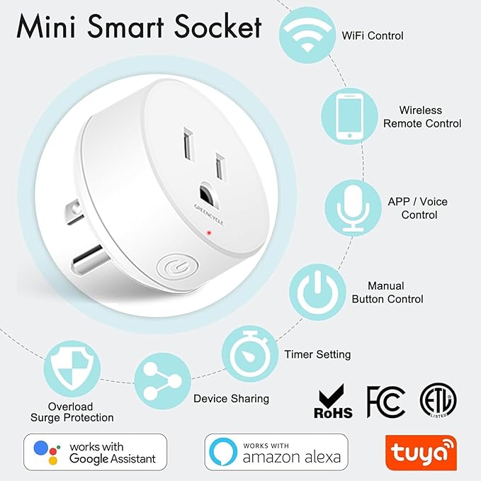 WiFi Smart Outlet Plug with Remote,GreenCycle 4 Electric Smart Plug with Remote,Compatible with Alexa and Google Home via Tuya,15A/1500W，Remote Control from Anywhere,TUV FCC List(2.4G)