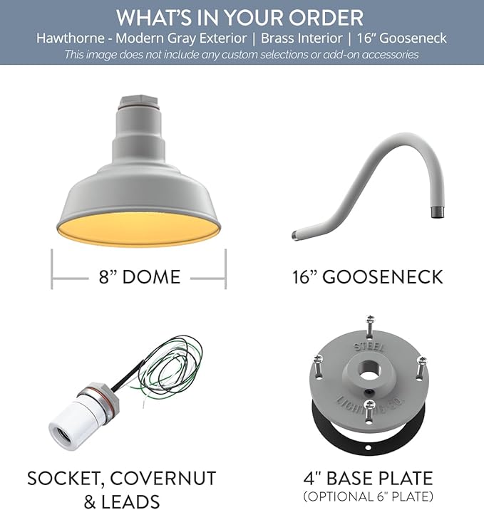Steel Lighting Co. Hawthorne Barn Light | Outdoor Wall Mounted | 8 inch Dome | 16" Gooseneck | Small Farmhouse Light Made in America | Modern Gray Exterior/Brass Interior