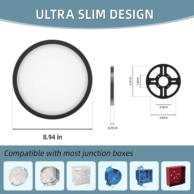 TOPELER Black Slim LED Surface Mount Ceiling Light, 9inch Dimmable Round Flat Panel Lights, 24W 2000Lm, 5CCT Selectable Low Profile Ceiling Light Fixtures for Hallway, Kitchen, Porch, 2 Pack