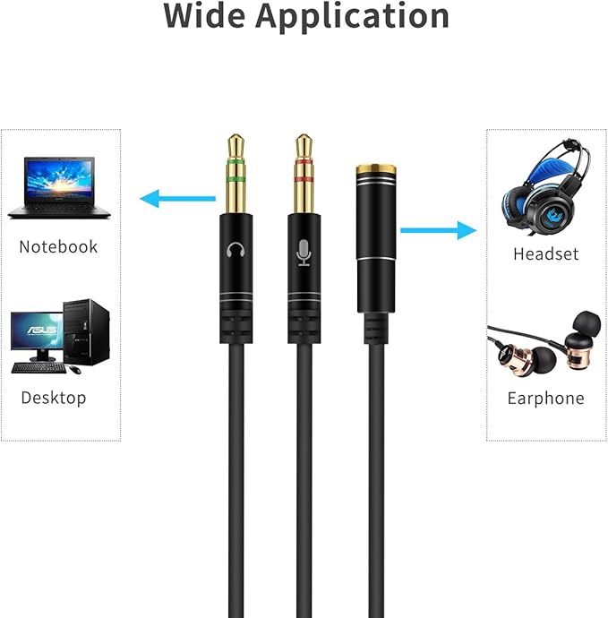 CANFON Headphone Splitter for Computer 3.5mm Female to 2 Dual 3.5mm Male Headphone Mic Audio Y Splitter Cable Smartphone Headset to PC Adapter(35CM, Black)