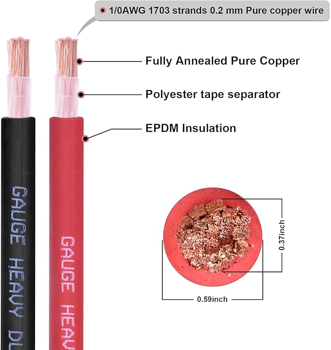 Shirbly 1/0 Gauge Battery Cable, 20FT Red + 20FT Black 1/0 AWG Pure Copper Wire Welding Cable, for Automotive, Battery, Solar and Generator, Standard USA OFC Wire