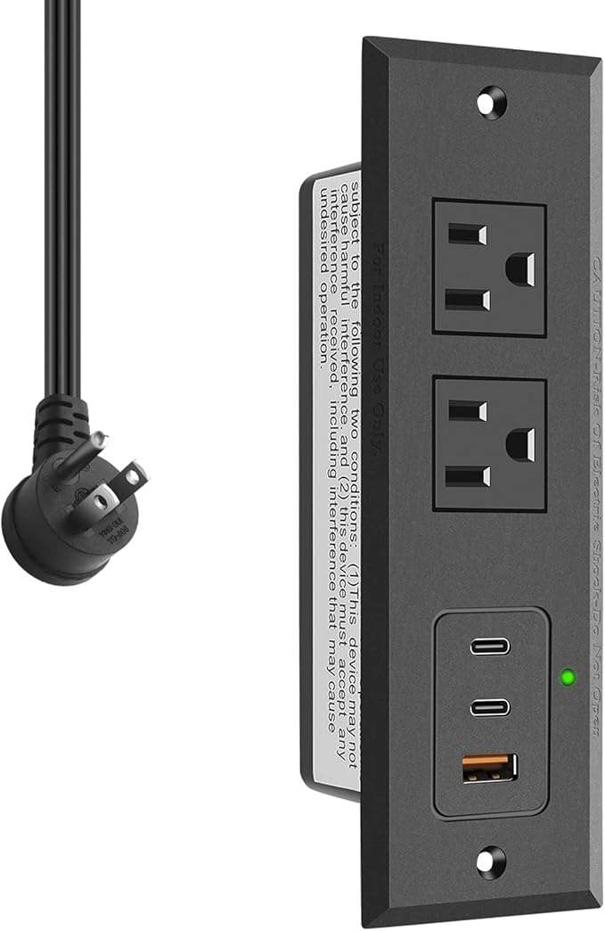 CCCEI Recessed Power Strip with Two USB-C Ports, Fast Charging USB A Port Desk Outlet, Black Furniture Hidden Charging Station for Side Table, End Table, with 10 FT 45 Degree Flat Plug Extension Cord.