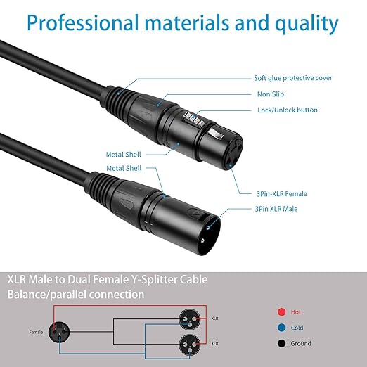 5 Pack XLR Splitter Cable,1 Female to 2 Male, 1.5FT Stereo Mic to L&R Audio Y-Splitter Cable