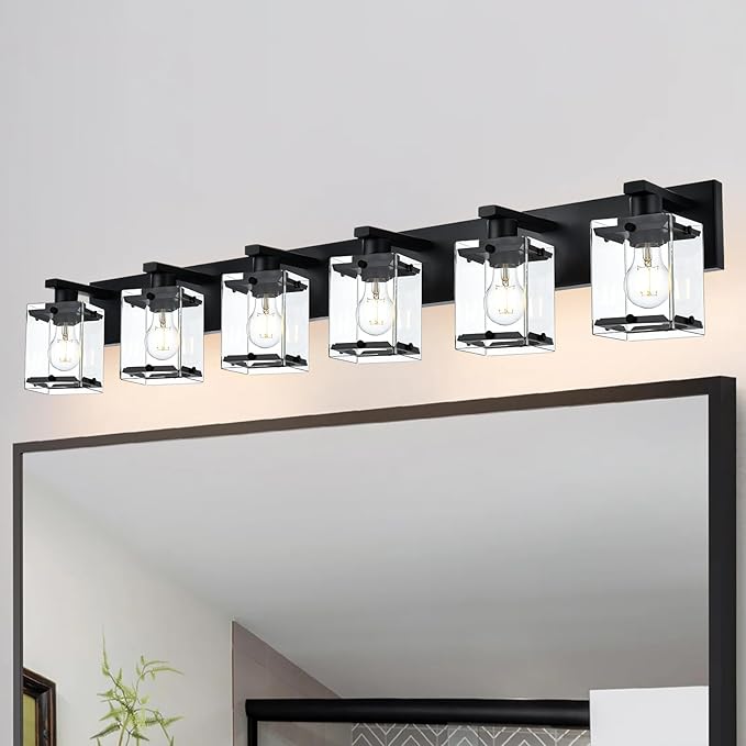 WINSHEN 6-Light Bathroom Light Fixture Black Finish, Modern Vanity Lighting with Rectangular Clear Glass for Over Mirror Kitchen E26 Bulb Base