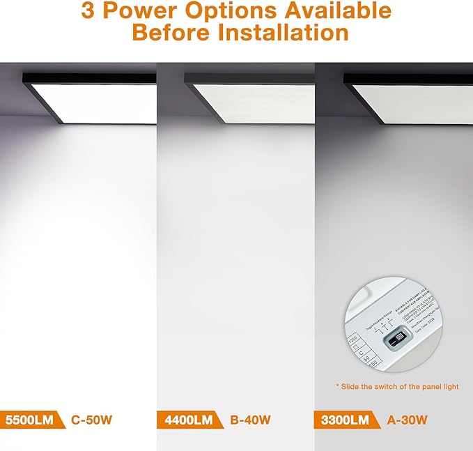 Mcacggo 4-Pack Black 2x4 FT LED Flat Panel Light Surface Mount 0-10V Dimmable, 100-277V, 5000K-4000K-3000K & 30W-40W-50W Switchable, with Direct Ceiling Mount Bracket, ETL Listed