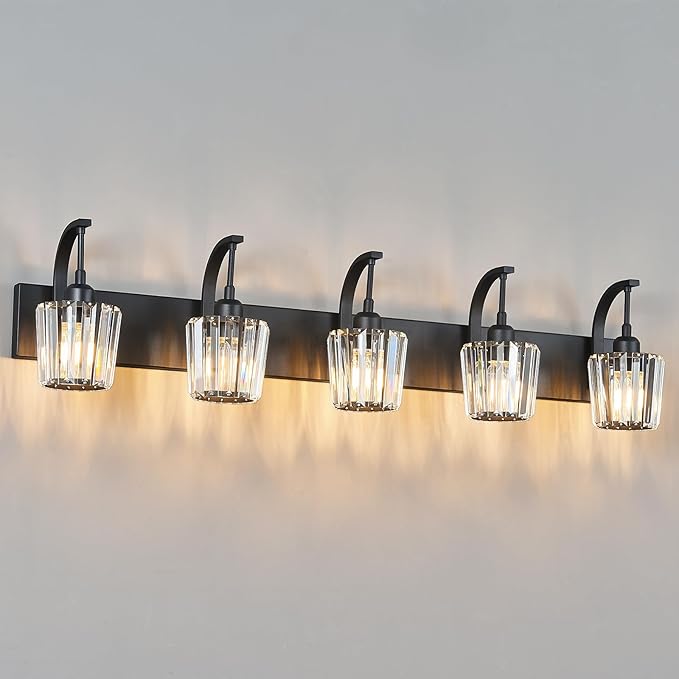 FDPBY Modern Bathroom Vanity Light, 5-Light Black Wall Sconce with Crystal Accents, Over Mirror Bathroom Lighting Fixture, 42.51" Long Dimmable Vanity Lamp for Makeup, Easy Installation